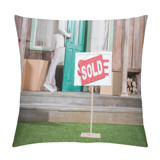 Personality  Senior Woman Near Sold House  Pillow Covers