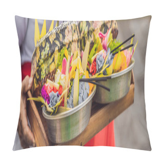 Personality  Woman Holding On Tray Traditional Balinese Hindu Offerings Called Canang, Bali, Indonesia Pillow Covers