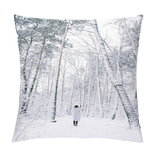 Personality  Rear View Of Woman Taking Photo Of Snowy Forest By Smartphone Pillow Covers