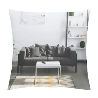 Personality  Modern Living Room Interior With Grey Sofa, Table And Bookshelves Pillow Covers