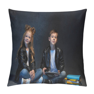 Personality  Studio Shot Of Two Children With Laptop Pillow Covers