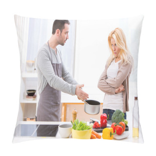 Personality  Young Attractive Couple Having An Argue While Cooking Pillow Covers