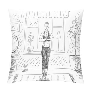 Personality  Woman Doing Yoga, Standing With Hands Together In Living Room, Self Isolation At Coronavirus Quarantine Time, Hand Drawn Illustration Vector Sketch Pillow Covers