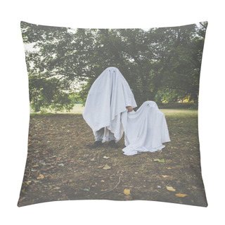 Personality  Father And Son Playing Ghosts With White Sheets In The Garden, Conceptual Photos About Halloween Holidays Pillow Covers