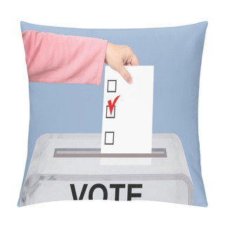 Personality  Voters Female Hand Lowers The Ballot In A Transparent Ballot Box On The Background, Concept Of State Elections, Referendum  Pillow Covers
