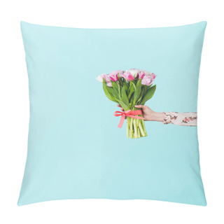 Personality  Partial View Of Girl Holding Bouquet Of Tulips, Isolated On Turquoise Pillow Covers