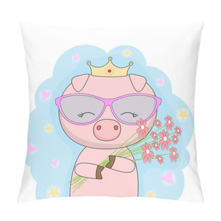 Personality  Little Cute Pig Princess With Gold Crown Holding A Bouquet Of Flowers Pillow Covers