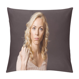 Personality  Angry Blonde Woman Looking At Camera And Showing Fist Isolated On Black  Pillow Covers