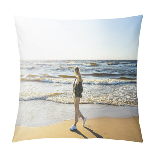 Personality  Side View Of Young Woman In Stylish Clothing Walking On Seashore On Summer Day Pillow Covers
