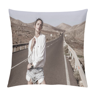 Personality  Fashion Shoot Of Nice Looking Girl Somewhere Far Away. Pillow Covers