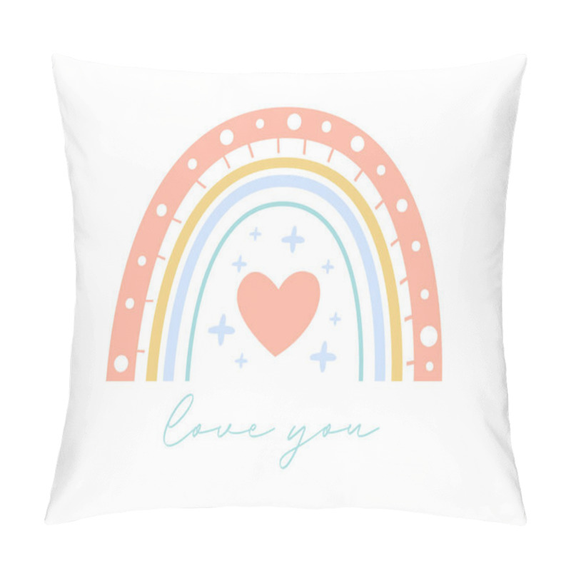 Personality  Cute gentle rainbow vector illustration with love you text. Flat boho rainbow for romantic valentine's day greeting card, nursery room print. Hand drawn icon. Nature weather element. Isolated on white pillow covers