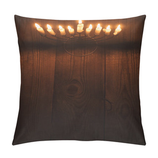 Personality  Top View Of Traditional Menorah With Candles On Wooden Surface, Hannukah Holiday Concept Pillow Covers