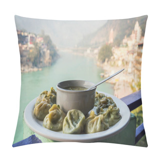 Personality  A Large Plate With The Tibetan Momo And Hot Soup On The Background Of The River Ganges. Rishikesh India., Yoga City India, Gange River Ganga Ram Jhoola Jula Pillow Covers
