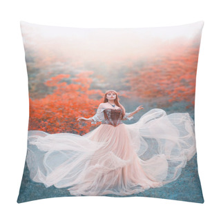 Personality  Charming Attractive Girl With Long Flying Waving Peach Light Vintage Dress Stands Alone In Forest, Innocent Lady Looks Into Camera, Gorgeous Princess With Red Hair And Magic Necklace Around Her Neck Pillow Covers