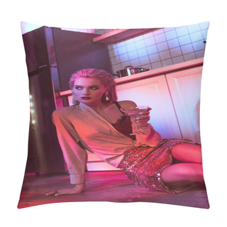 Personality  Beautiful Elegant Woman Sitting Near Kitchen Counter With Cocktail Glass In Neon Light Pillow Covers