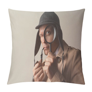 Personality  Male Detective With Smoking Pipe Looking Through Magnifying Glass On Beige Background. Space For Text Pillow Covers