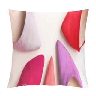 Personality  Top View Of Suede Colorful Heeled Shoes On Beige Background, Banner Pillow Covers