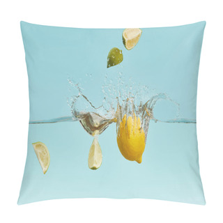 Personality  Ripe Lemon And Lime Pieces Falling Deep In Water With Splash On Blue Background Pillow Covers