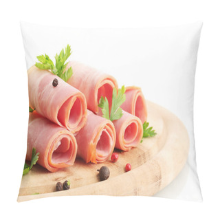 Personality  Tasty Bacon With Spices On Wooden Cutting Board, Isolated On White Pillow Covers