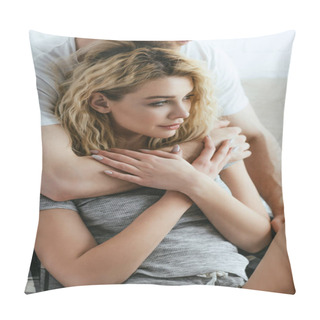 Personality  Cropped View Of Man Hugging Attractive Blonde Girlfriend  Pillow Covers