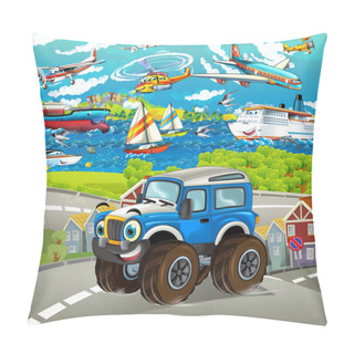 Personality  Cartoon Funny Looking Off Road Car Driving Through The City And Smiling Many Different Planes And Ships In The Background - Illustration For Children Pillow Covers