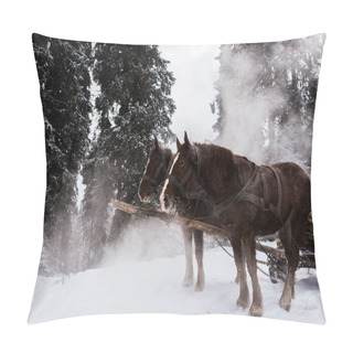 Personality  Horses With Horse Harness In Snowy Mountains With Pine Trees Pillow Covers