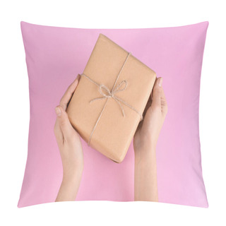Personality  Woman Holding Parcel On Color Background Pillow Covers