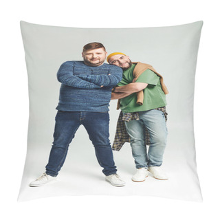 Personality  A Loving Gay Couple Stand Together Against A White Backdrop. Pillow Covers