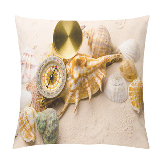 Personality  Compass And Sea Shells On Sand Pillow Covers