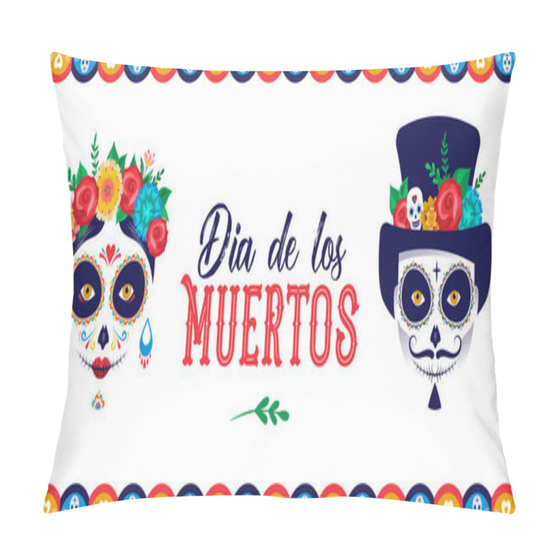Personality  Dia de los muertos, Day of the dead, Mexican holiday, festival. Poster, banner and card with make up of sugar skull, woman and man pillow covers