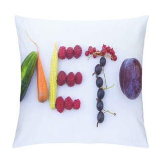 Personality  The Inscription In Russian Summer Is Made Of Vegetables, Fruits And Berries In A Frame Of Leaves And Flowers. Hello Summer Concept. Harvest, Vegetarian, Vegan, Non-gmo Pillow Covers