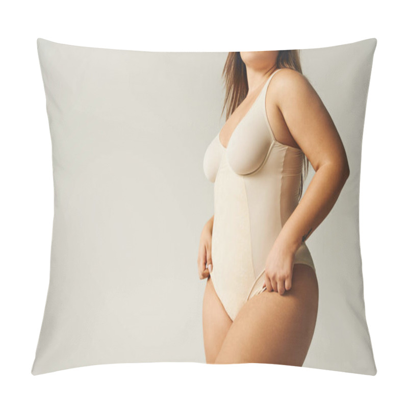 Personality  Partial View Of Curvy Woman Wearing Beige Bodysuit And Standing With Hand On Hip Isolated On Grey Background, Self-confidence, Figure Type, Body Positivity Movement, Tattoo Translation: Harmony  Pillow Covers