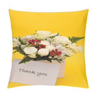 Personality  Spring Fresh Bouquet Of Flowers In Festive Gift Box Near Thank You Card On Yellow Background Pillow Covers