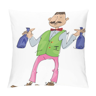 Personality  An Young Mustached Sommelier Brings Blue Wine Bottles. Cartoon. Caricature. Pillow Covers