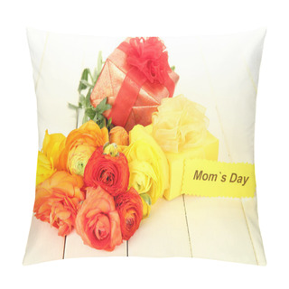 Personality  Ranunculus (persian Buttercups) And Gifts For Mothers Day, On White Wooden Background Pillow Covers