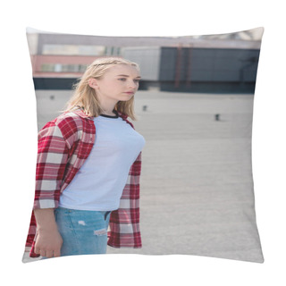 Personality  Stylish Teen Girl In Red Plaid Shirt On Rooftop Pillow Covers
