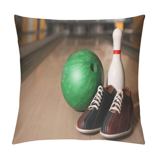 Personality  Pin, Shoes And Ball On Alley In Bowling Club. Space For Text Pillow Covers