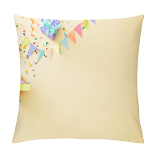 Personality  Top View Of Festive Colorful Confetti And Gift Boxes On Beige Background Pillow Covers