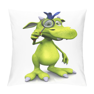 Personality  A Cute Friendly Cartoon Monster Holding A Magnifying Glass In Front Of One Of His Eyes. The Monster Is Green With Blue Hair. White Background. Pillow Covers