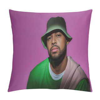 Personality  Good Looking Man In Green Panama With Earring On Purple Backdrop Looking At Camera, Fashion Concept Pillow Covers