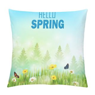 Personality  Spring Background With Flowers And Butterflies In Meadow And Pine Trees Pillow Covers