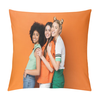 Personality  Trendy And Smiling Multiethnic Teenage Girlfriends With Bold Makeup Wearing Casual Outfits While Posing And Looking At Camera On Orange Background, Stylish And Confident Poses Pillow Covers
