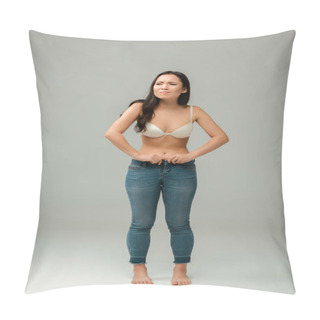 Personality  Displeased And Overweight Asian Girl Wearing Jeans On Grey Pillow Covers