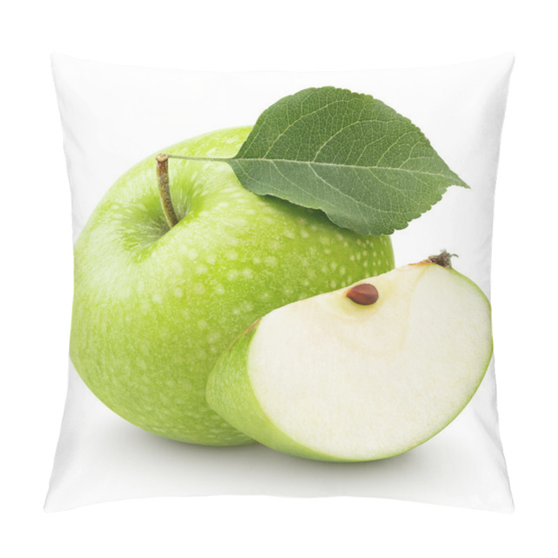 Personality  Green apple with leaf and slice isolated on a white pillow covers