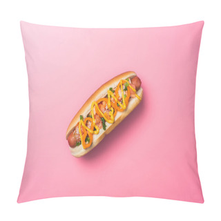 Personality  Top View Of Yummy Hot Dog With Sausage On Pink Pillow Covers