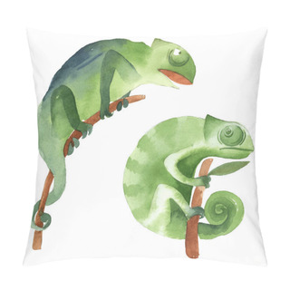 Personality  Watercolor Illustration. Set Of Two Simple Green Chameleons Sitting On The Branch Isolate On White Background Pillow Covers