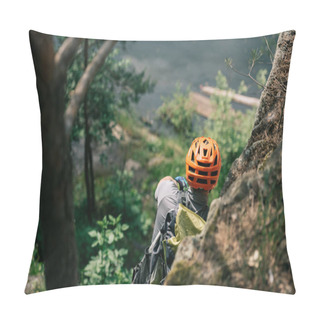 Personality  Rear View Of Male Hiker In Protective Helmet Standing On Rocky Cliff In Forest Pillow Covers