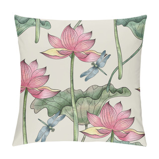 Personality  Seamless Pattern Of A Couple Of Dragonflies, Lotus And Lotus Leaves Pillow Covers