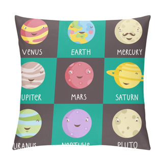 Personality  Solar System Planets Cartoon Faces Icons. Smiling Venus, Earth, Mercury. Jupiter, Mars, Saturn, Uranus, Neptune, Pluto Vector Illustrations On Checkered Green Background Pillow Covers