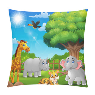 Personality  Vector Illustration Of Happy Animals On Nature Scene Pillow Covers